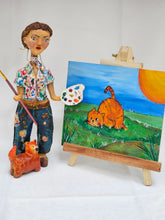 Load image into Gallery viewer, paper mache female painter/artist with a cute cat sculpture