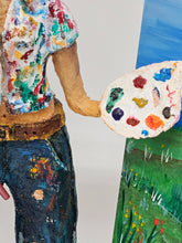 Load image into Gallery viewer, paper mache female painter/artist with a cute cat sculpture