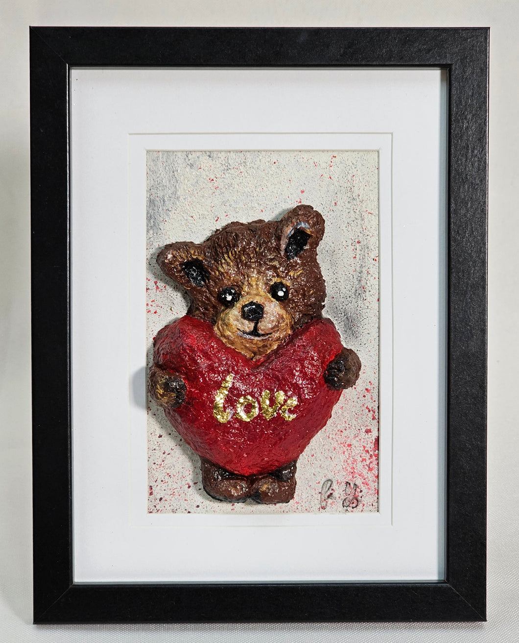 Valentine's Day Original Paper Mache 'Love' Heart Bear Art Frame