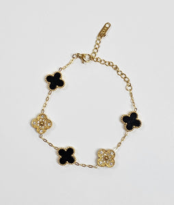 Stainless Steel CZ Clover Bracelet -Black