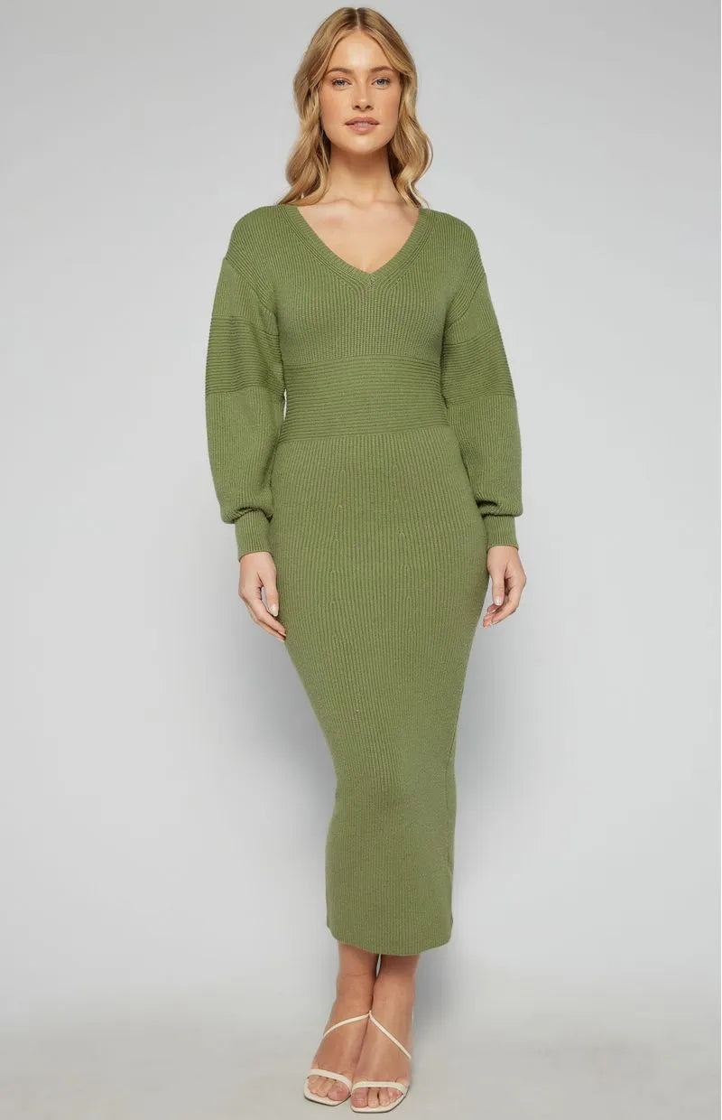 Bubble Sleeve Knit Midi Dress