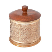 Load image into Gallery viewer, Handcrafted Round Metal Pressed Box w/Mango Wood Lid
