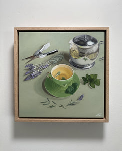 Original Oil Painting Artwork - "Lavender Lullaby" - Tea Cup setting - 33 x 33cm (including natural oak frame)