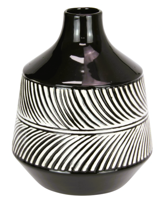 black vase with fern pattern