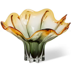 Green and Amber Shaka Wavy Glass Vase - 41 x 33 x 30cm