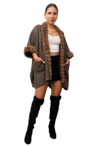 WOOL POLYESTER Brown Wool-Blend Poncho
