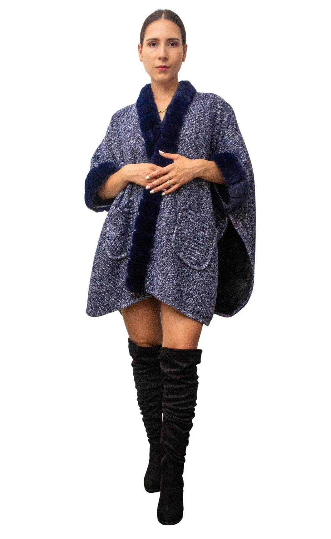 WOOL POLYESTER Navy Wool-Blend Poncho