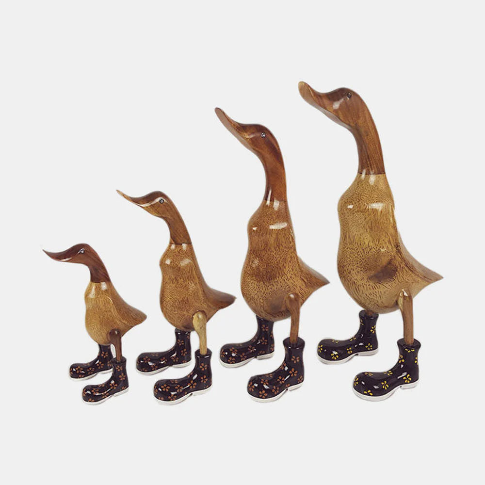 Duck - family of 4 hand carved in bamboo wood with louis flower boots